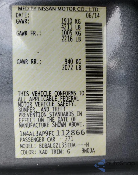 2015 Nissan Altima 2.5 z USA, uszkodzony, nr VIN 1N4AL3AP9FC112866